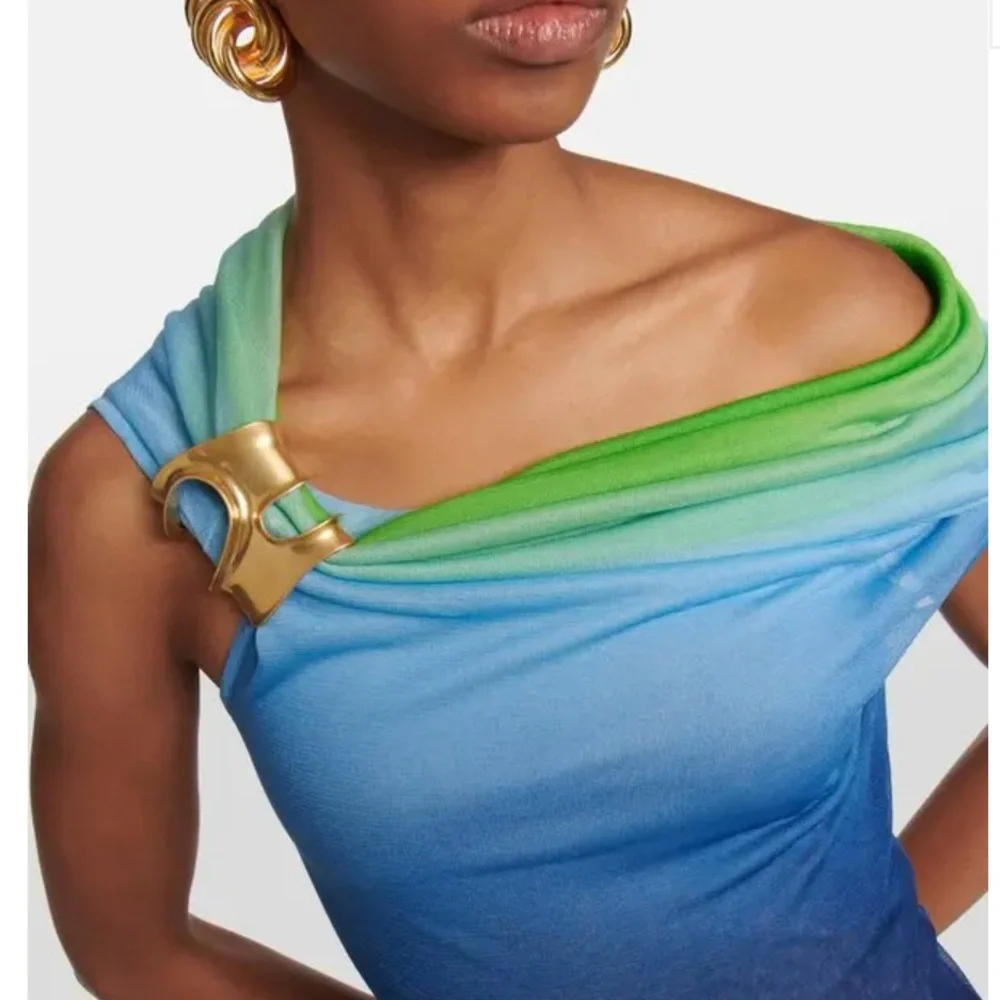Ferragamo Silk Asymmetrical blue and Green Ombre Maxi Dress size M - Picture 3 of 16